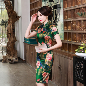老古代新款短袖旗袍印花中国风修身复古日常大码妈妈女绸缎演出服