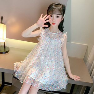 韩国女童圆波点连衣裙夏季新款洋气时尚女宝宝网红宽松大童网纱裙