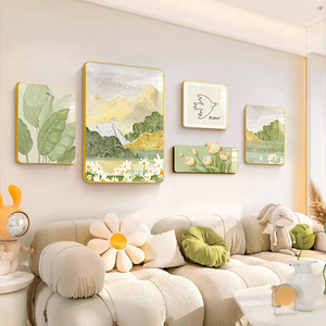 奶油风客厅沙发背景墙装饰画山水画客厅挂画现代简约花卉肌理壁画