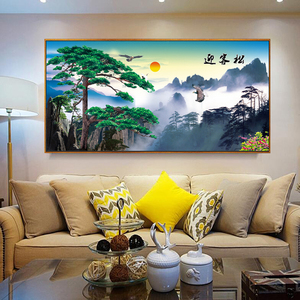 迎客松壁画客厅装饰画沙发背景墙山水画背有靠山招财旭日东升国画