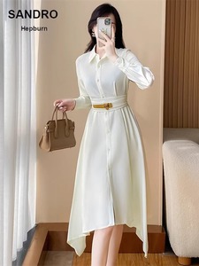 sandro Hepburn夏季新款长袖裙收腰系带中长款高端衬衫式连衣裙女