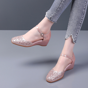 真皮包头凉鞋女中跟2021年夏季新款坡跟镂空单鞋水钻网纱女鞋子