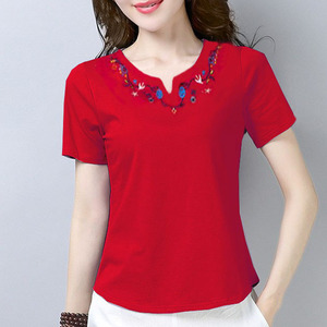 大红色纯棉短袖t恤女士上衣2024夏中老年妈妈装大码减龄刺绣小衫
