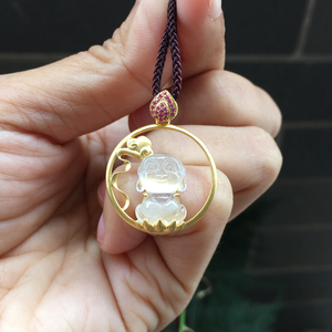 天然翡翠a货冰种小玉石宝宝佛起光弥勒佛18k金镶嵌女士玉吊坠0187