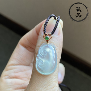 掌中翠翡翠a货高冰种起光小如意吊坠挂件18k金扣头镶嵌 0146