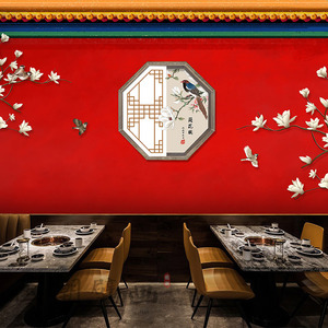中式故宫红墙纸玉兰花鸟电视客厅背景壁画工装火锅店屋檐建筑壁纸