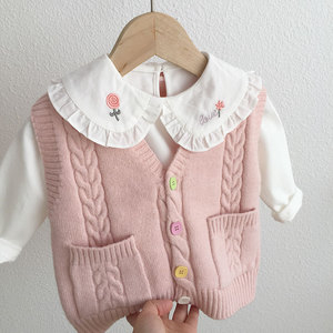 韩版女宝宝春款针织马甲洋气女童彩色纽扣麻花毛衣背心儿童小坎肩