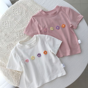 韩版2024夏款女童短袖t恤纯棉洋气可爱宝宝立体小花半袖上衣儿童