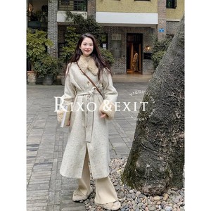 RIXO EXIT法式白色高级感收腰系带长款小香风毛呢外套女秋冬季