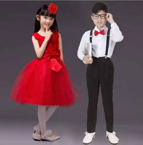 小学生合唱服儿童合唱团衣服男童演出服女生短袖连衣裙红色蓬蓬裙