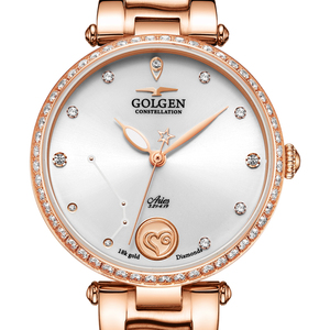正品专柜古尊手表女12星座18k金金表玫瑰金机械表6178真钻时装表
