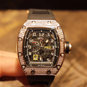 酒桶型手表理查德米勒rm030系列2824自动机械玫金满钻黑胶带男表