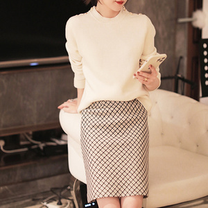 优雅高腰通勤直筒裙子显瘦格子秋冬短款格纹半身裙复古毛呢女气质