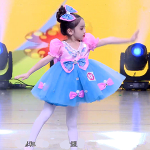 新款儿童演出服幼儿公主纱裙亮片舞蹈连衣蓬蓬裙女童粉色群舞表演