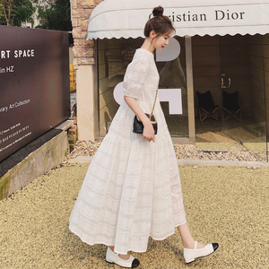 白色连衣裙女夏季2024新款韩版设计感小众仙女长裙到脚踝超长款
