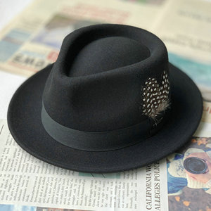 男士帽子短檐纯羊毛毡礼帽男羽毛绅士嘻哈街舞爵士帽英伦时尚秋冬
