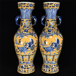 元至正十一年黄釉青花"鬼谷子下山"人物故事纹象耳瓶古董古玩陶