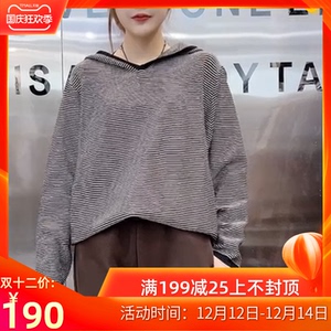 妃儿红2022春季新款胖mm大码女装t恤带帽针织衫条纹宽松毛衣6170