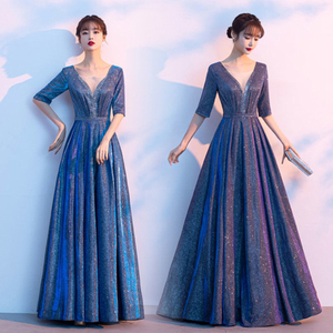 蓝色小晚礼服女毕业合唱演出2022新款平时可穿连衣裙气质伴娘团购