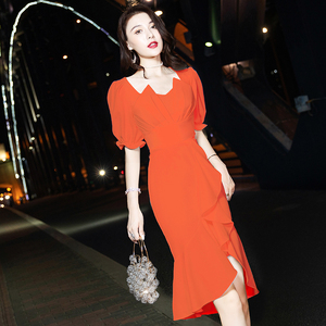 橙色鱼尾晚礼服女2024新款宴会气质轻奢小众高端平时可穿主持人裙