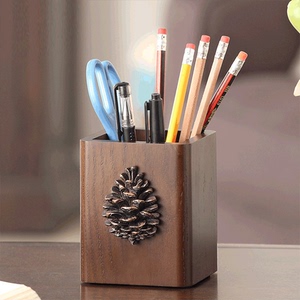 书房送礼小号中式木质自制笔筒办公室装饰毛笔个性木头黑色