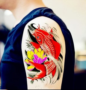 纹身贴防水男持久腿鲤鱼