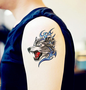 狼头图腾纹身贴防水男凶猛火焰狼头持久花臂胸部手臂仿真刺青贴纸