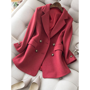 canary kiss胭脂红小西装外套女冬季新款通勤百搭毛呢小西服上衣