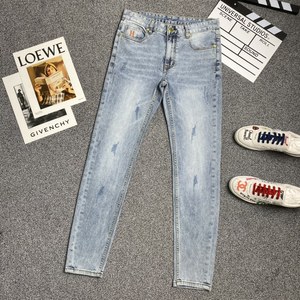 hermes爱马仕字母刺绣商务通勤百搭磨破牛仔裤休闲小脚裤长裤男装