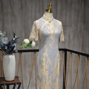 可儿家旗袍高级感蓝色蕾丝长款改良修身连衣裙复古优雅气质日常