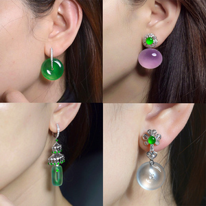 阳绿翡翠耳钉女高冰种蛋面爱心方形两用款饰紫罗兰圆珠耳环扣18k