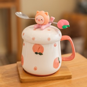 日本可爱陶瓷马克杯高颜值女生杯子带盖勺家用水杯早餐燕麦咖啡杯
