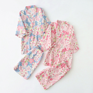 韩系夏季纯棉双层纱布女童短袖睡衣套装亲子和服浴衣汗蒸服居家服