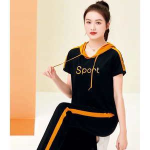 城德美21007运动套装女罗马棉不起球连帽短袖长裤套头套装2022夏