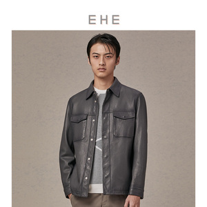 ehe男装 春秋新款自然纹绵羊皮复古时尚衬衫式夹克皮衣外套男
