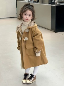 韩国女童呢子大衣连帽牛角扣2023新款儿童冬装女宝宝毛呢外套洋气