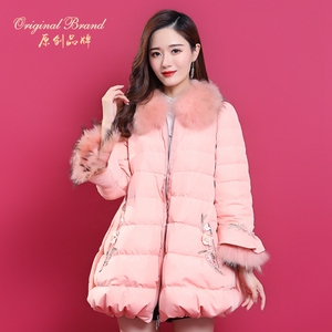 粉红玛丽风格羽绒服女2021秋冬加厚韩版宽松貉子毛领中长款外套