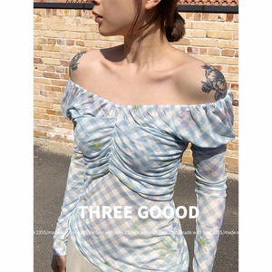 THREE GOOOD/三吉 甜美氛围一字领网纱修身设计感上衣女2024新款