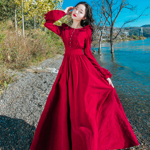云南茶卡盐湖青海湖长裙西藏新疆草原大西北旅游衣服拍照加厚红裙