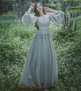 欧式维多利亚宫廷风灰姑娘连衣裙一字肩灯笼袖公主旅拍写真长裙仙