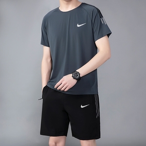 耐克顿运动套装男士夏季冰丝薄款户外跑步打球速干短袖短裤俩件套