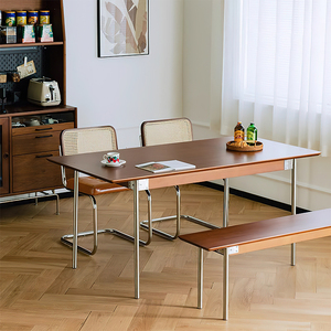 实木中古风餐桌小户型复古家用长方形不锈钢腿饭桌子北欧原木家具