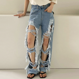 mm韩国东大门代购女破洞牛仔裤阔腿破烂乞丐裤拖地长裤街头个性潮