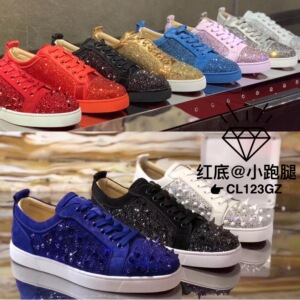 CL金海参男鞋高帮铆钉红底鞋黑白红蓝满钻情侣款低帮板鞋水钻女鞋