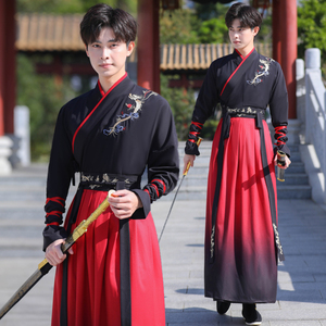 原创汉服男仙气中国风魏晋武侠剑客男士武将套装大码学生古装衣服