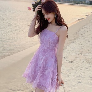 网纱仙女裙2020夏季新款女学生性感露肩吊带裙气质女装紫色连衣裙