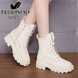 富贵鸟真皮马丁靴女英伦风2021秋冬新款休闲厚底加绒保暖白色短靴