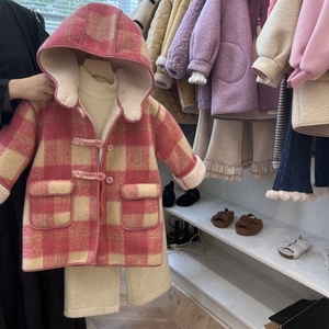 女童呢子外套冬季2023新款洋气中长款格子呢大衣宝宝保暖时髦上衣