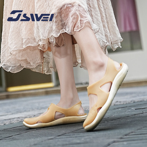 JSWEI包头凉鞋女夏季2024年新款软底平底雨天黑色塑料一脚蹬拖鞋