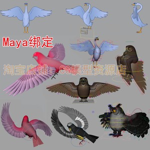 maya绑定卡通天鹅小鸟老鹰模型素材四边面飞禽动物带材质贴图骨骼